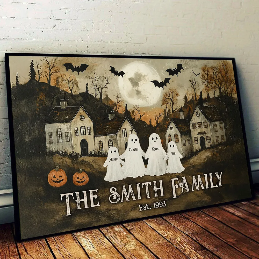 Halloween Family Ghost Poster | Vintage Pumpkins and Moonlit Scene, Perfect Gift for Home Décor