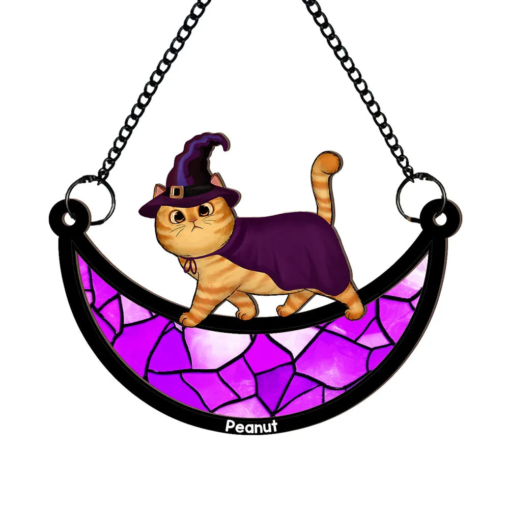 Wood and Acrylic Layered Ornament – Charming Cat with Cape & Hat, Chain-Hanging Moon Keepsake for Cat Lovers