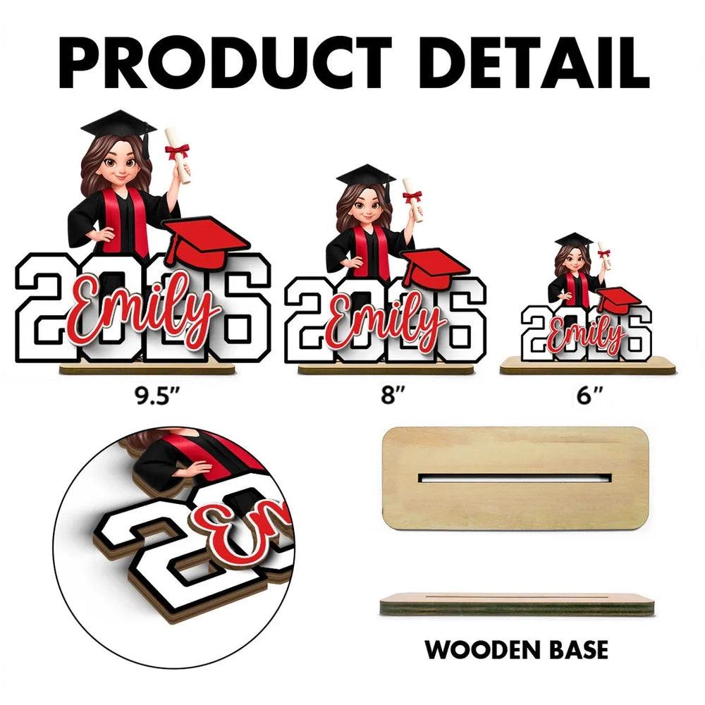 Custom Graduation 2-Layer Wooden Plaque With Cartoon Graduate and Year Sign, Heartfelt Gift For Student Family