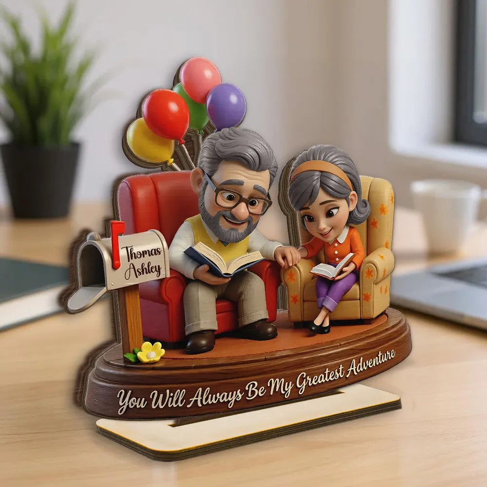 Personalized 2-Layer Wooden Plaque Reading Couple Scene With Greatest Adventure Quote - Unique Anniversary Gift For Husband Or Wife
