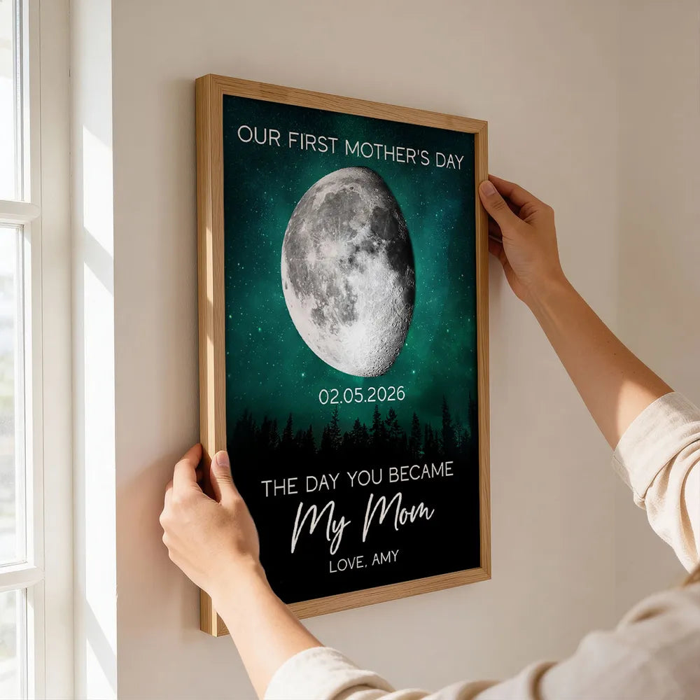 Personalized First Mother's Day Moon Phase Poster, Galaxy Night Sky Wall Art, Unique Gift for a New Mom