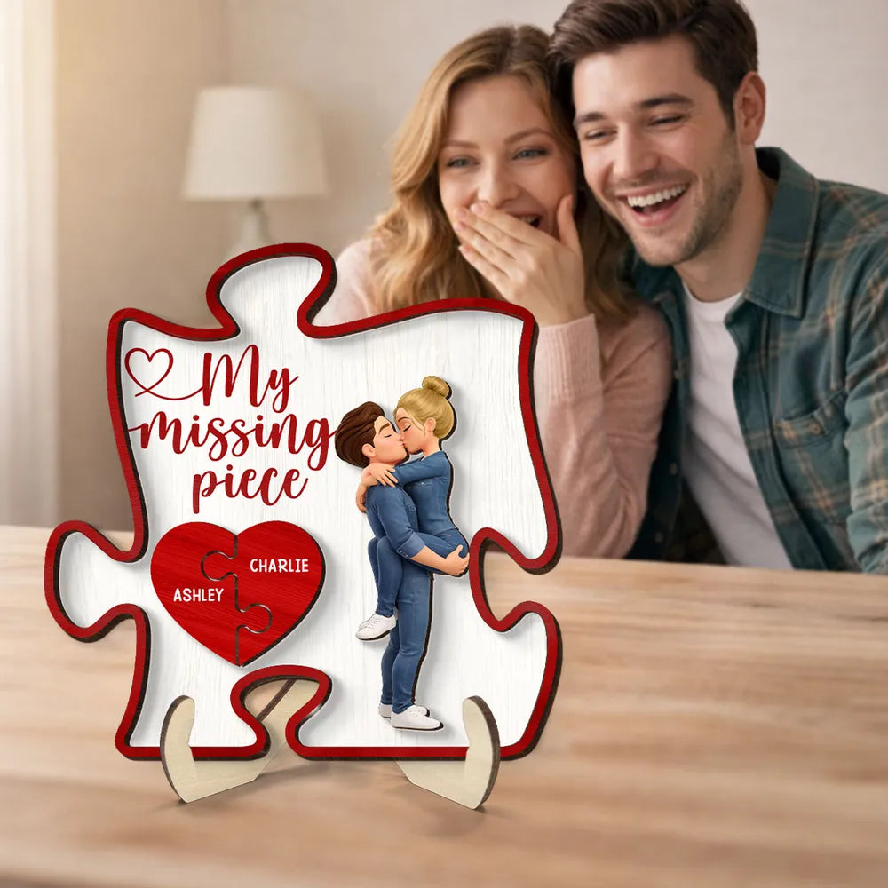 2-Layer Wooden Plaque My Missing Piece with Kissing Couple and Heart Puzzle - Personalized Sweet Gift for Couples