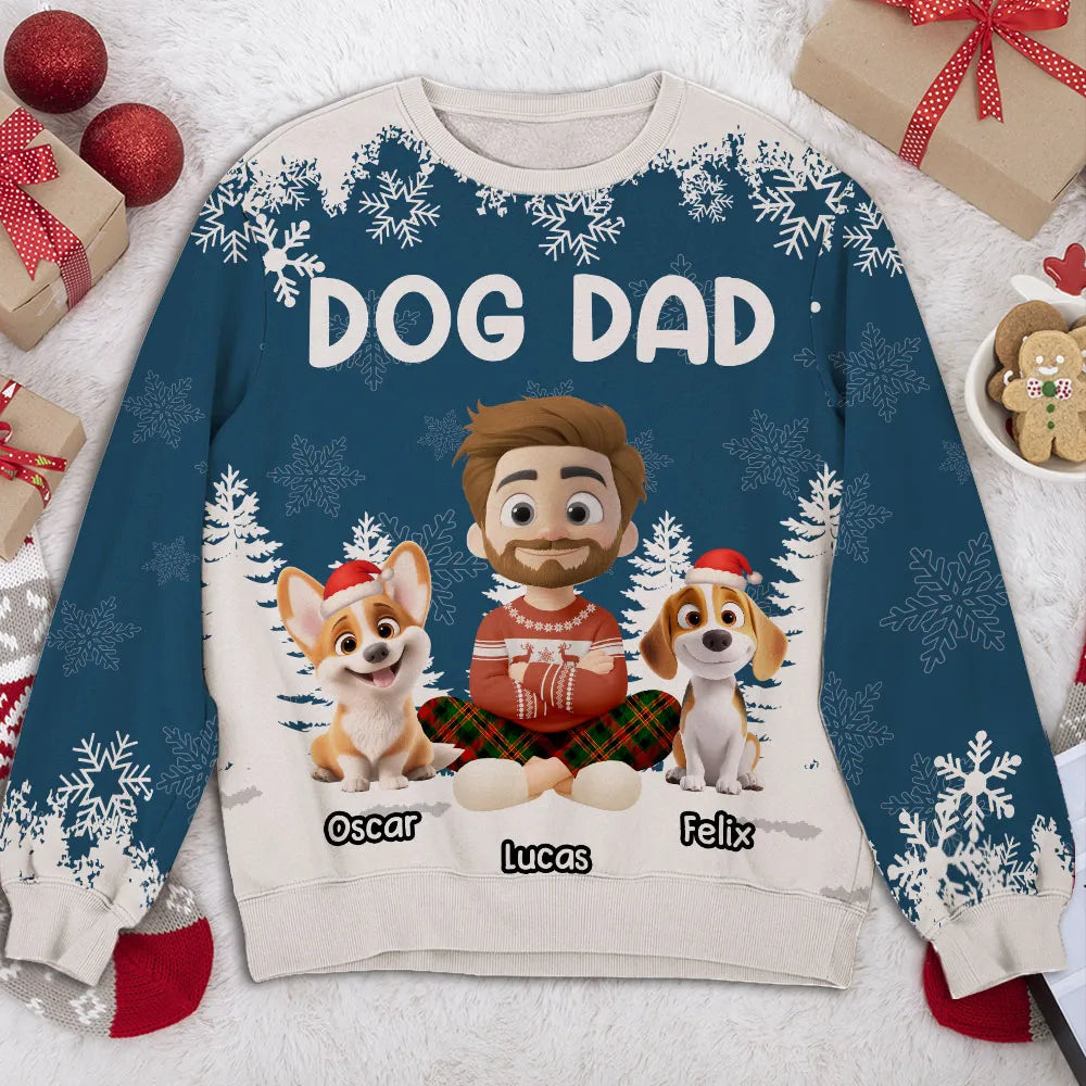 Personalized Dog Dad Printed Sweatshirt with Custom Cartoon Man and Puppy, Cozy Christmas Gift for Proud Pet Lovers
