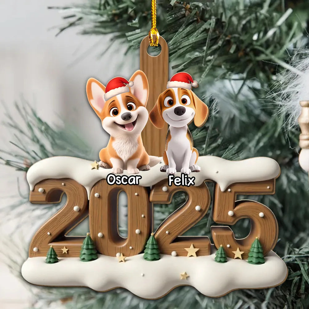 Personalized Pet Family Wooden Ornament with Santa Hats, Custom Names & Year, Heartwarming Christmas Tree Decoration