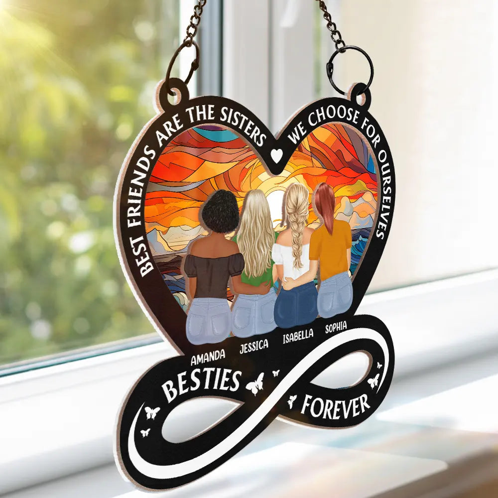 “Not Sisters by Blood but Sisters by Heart” Sunset Ornament – Double-Layer Wood & Acrylic Gift for Besties
