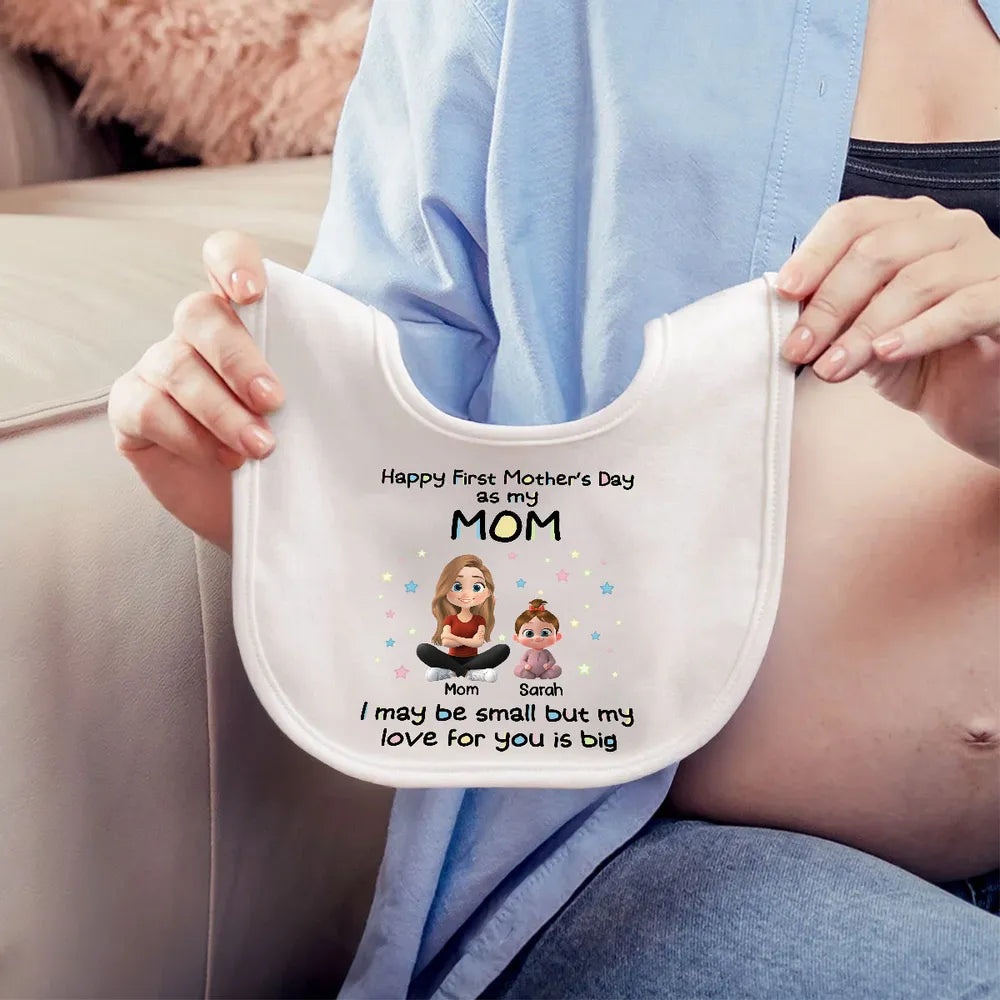 Cotton Baby Bib Personalized First Mother's Day Gift from Baby to Mom Sweet Keepsake with Cute Mom and Baby Art