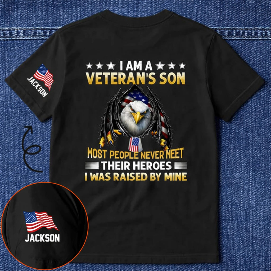 Personalized Dual Print Classic Tee I Am A Veteran's Son Eagle Flag Graphic Unique Gift for Proud Military Families