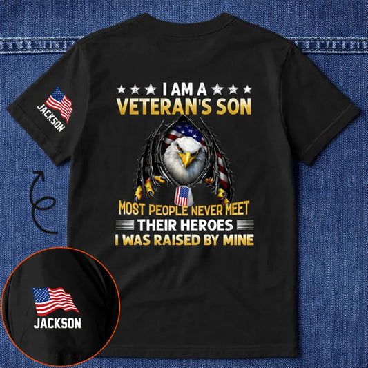 Personalized Dual Print Classic Tee I Am A Veteran's Son Eagle Flag Graphic Unique Gift for Proud Military Families