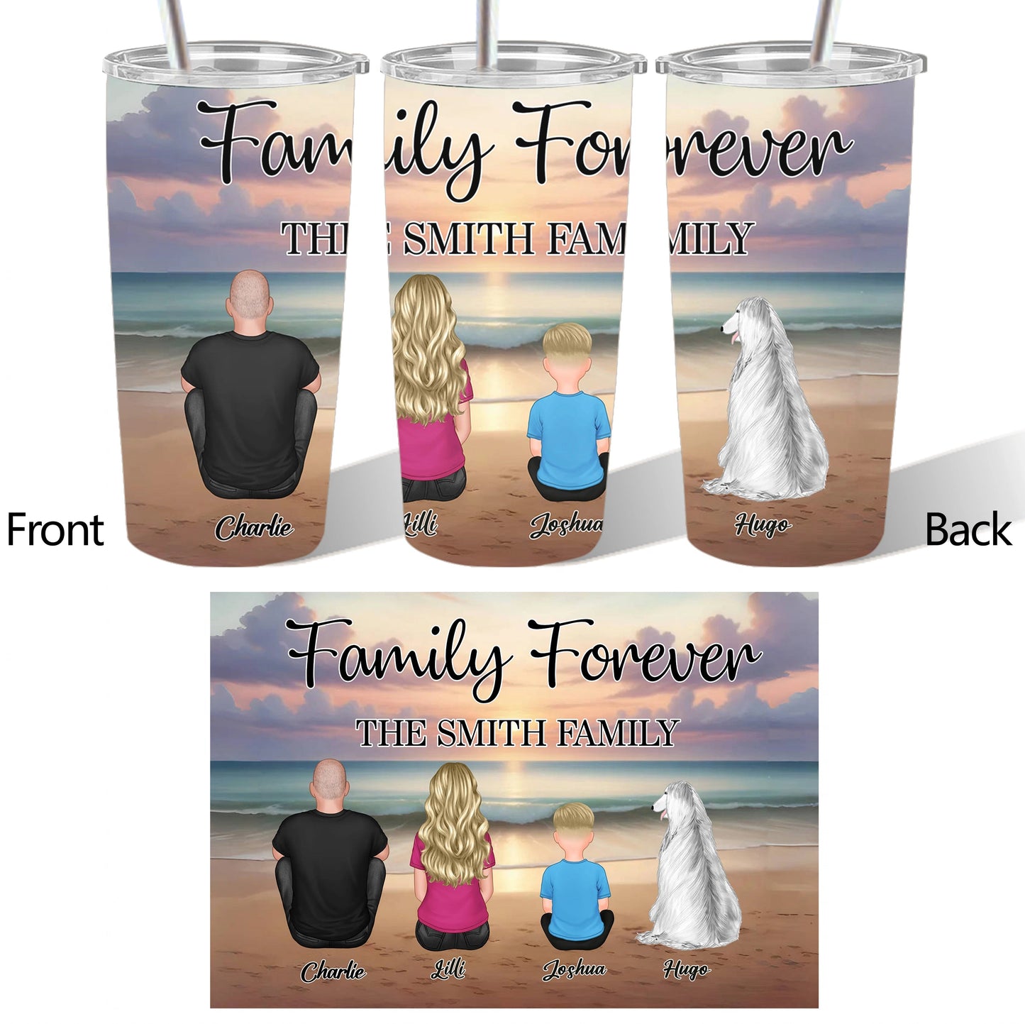 Family Forever Beach Design - Personalized Straight-Sided Cup, Wallet Card, Blanket, Cotton Tote Bag, Wooden Carhanger, LED Plaque, Keychain and Poster, Unique Gift