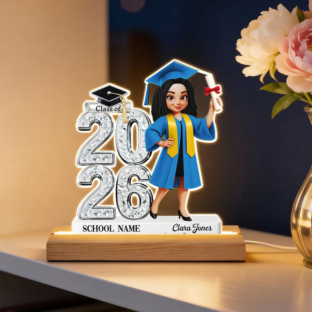 Personalized Block LED Light Plaque Graduation Night Light with Graduate Girl Holding Diploma, Warm Glow Unique Gift