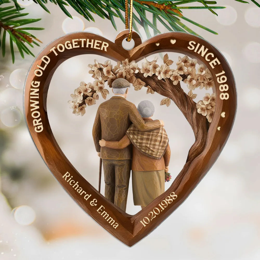 Personalized Heart Acrylic Ornament with Couple Hugging Under Blossoms, Unique Anniversary Gift for Husband or Wife