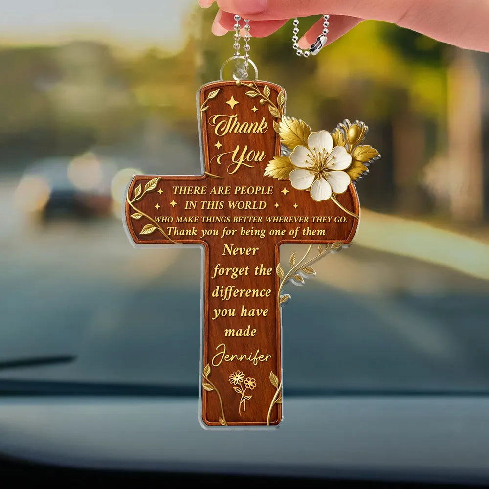 Acrylic Car Hanger Gratitude Cross With Flowers, Personalized Thank You Keepsake, Unique Appreciation Gift