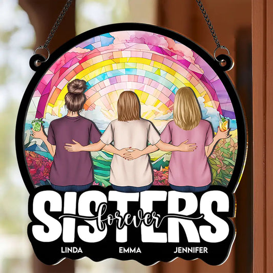 Sisters Forever – Personalized Wood and Acrylic Layered Ornament with Rainbow Design