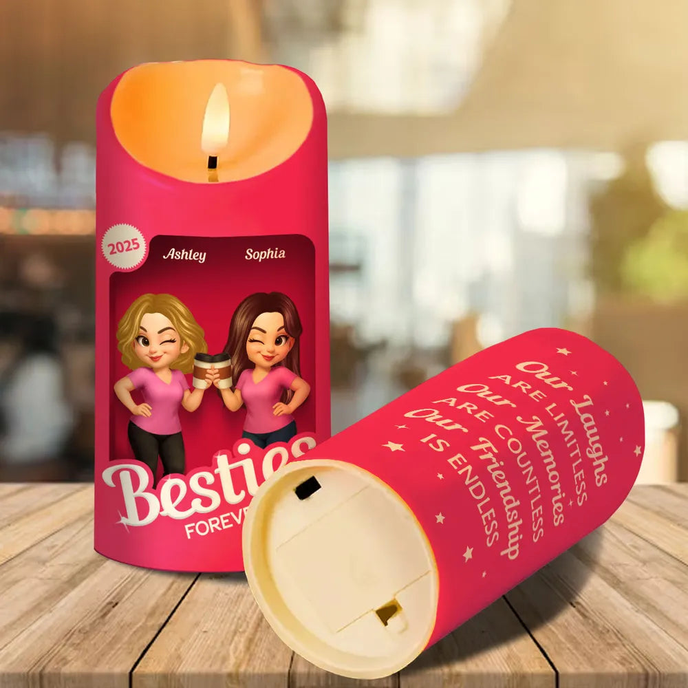 Besties Forever Flameless LED Candle | Warm Pink Glow | Printed Friendship Gift for Best Friends