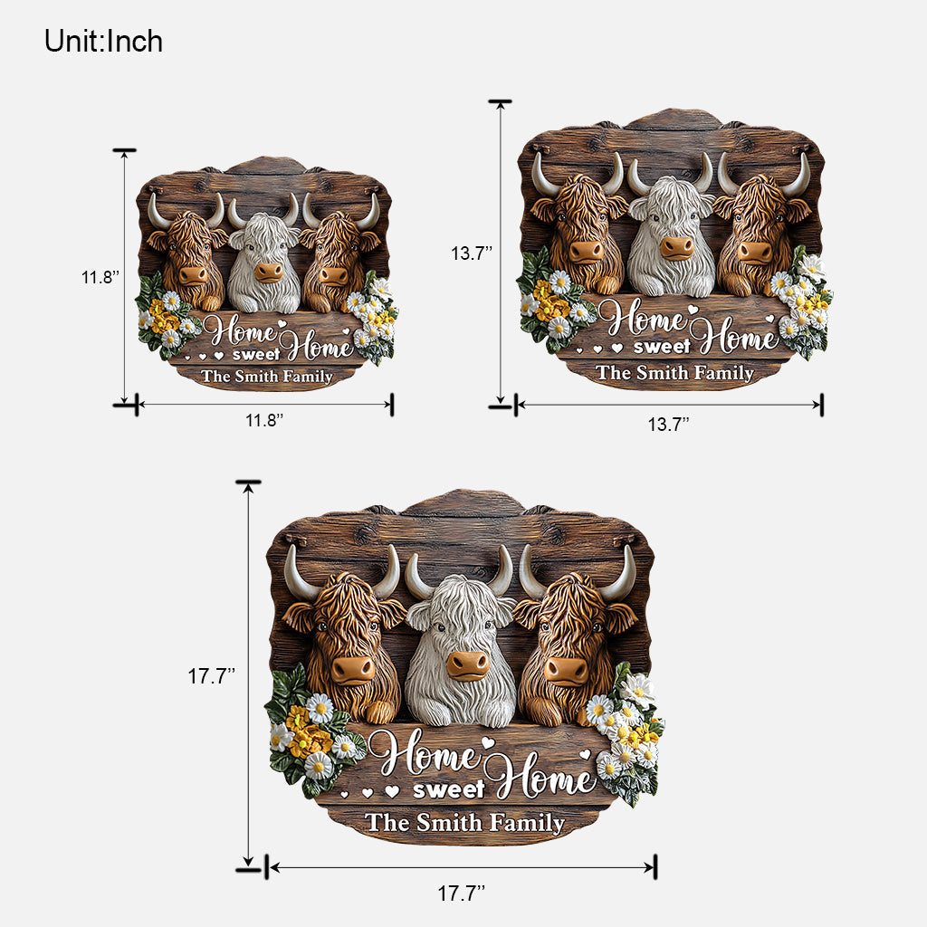 Home Sweet Home - Personalized Highland Cow Custom Shaped Wood Sign