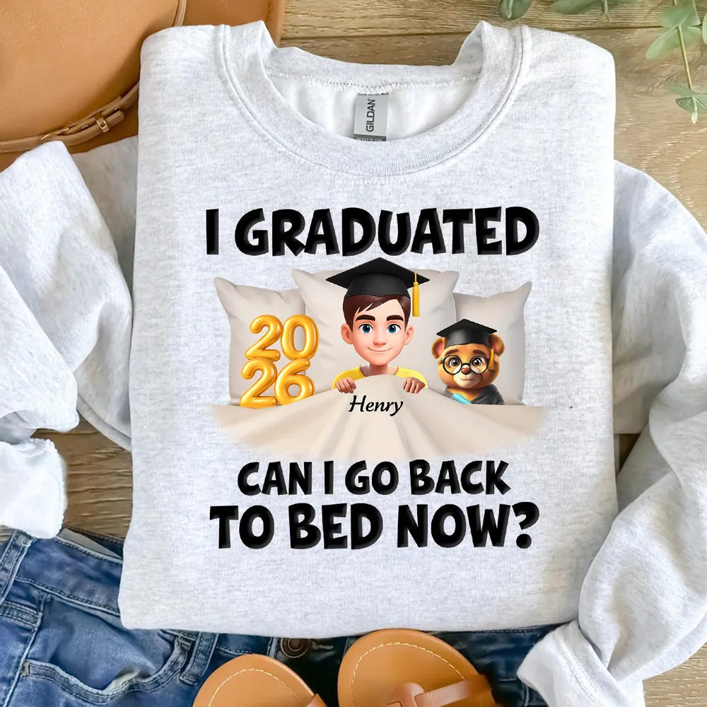Funny Class of 2026 Graduation Classic Tee - Personalized Name Cartoon In Bed Design - Unique Gift For Grad