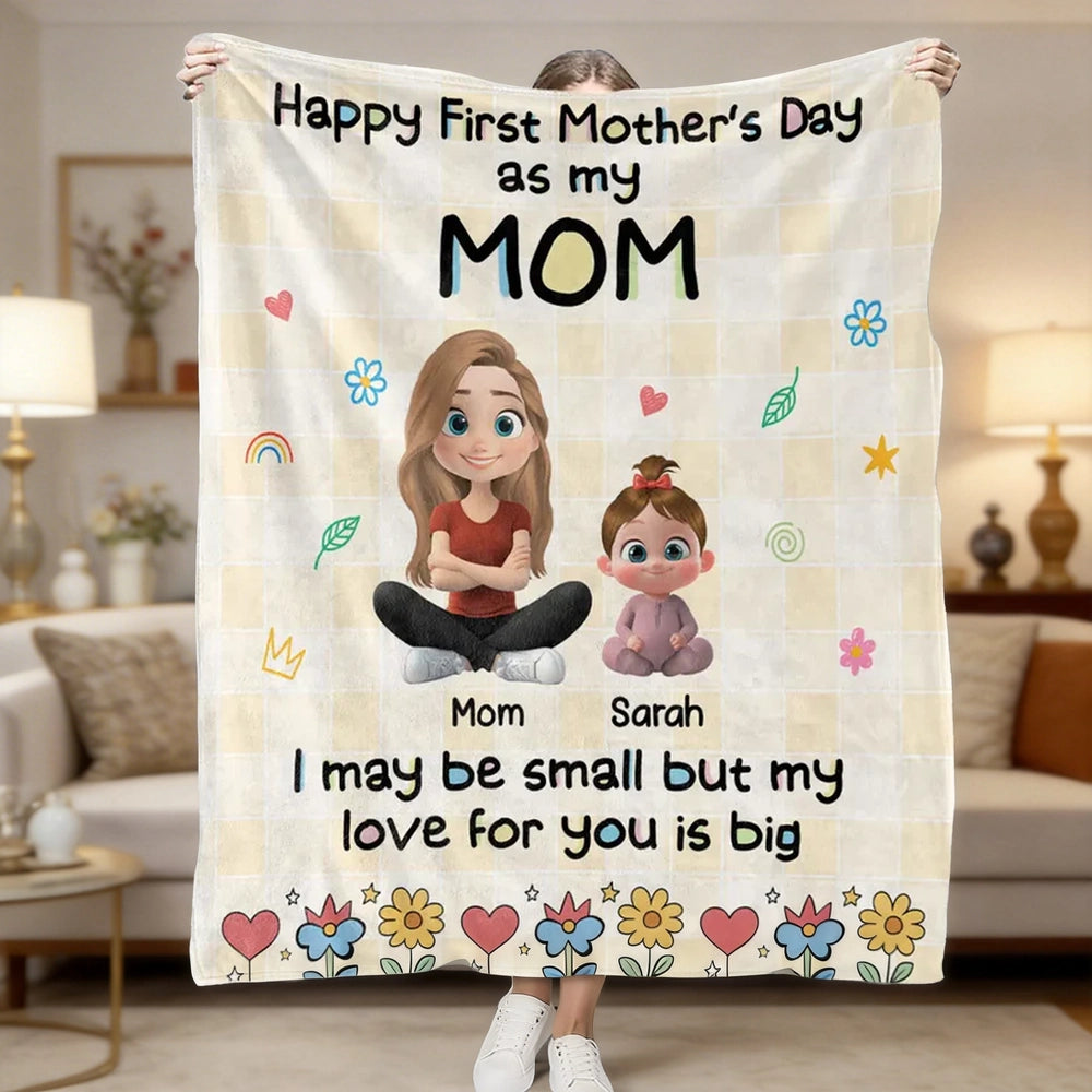 Happy First Mother's Day Personalized Fleece Blanket, Sweet Mom and Baby Illustration, Cozy Keepsake Gift for New Moms