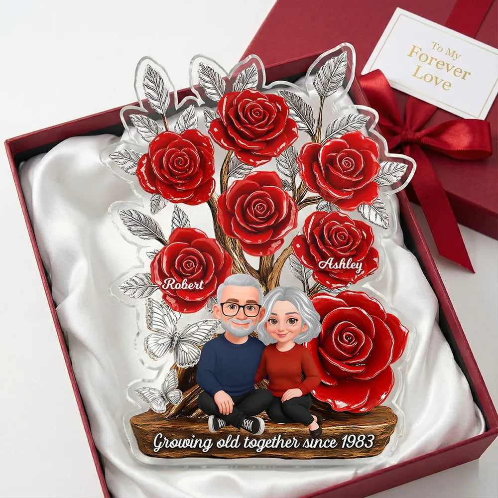 Personalized Shaped Acrylic Block Plaque with Red Rose Tree Couple Sitting Together, Unique Romantic Gift