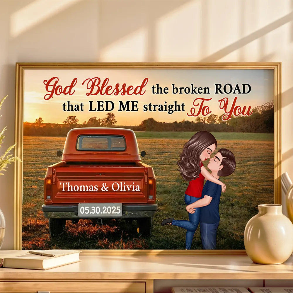 God Blessed the Broken Road Personalized Poster – Custom Hugging Couple Wall Art, Modern Home Decor and Heartfelt Gift for Him or Her