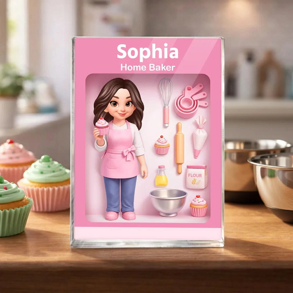 Personalized Home Baker Rectangle Acrylic Block Plaque for Kitchen Desk Decor, Sweet Pink Baking Scene, Unique Gift for Bakers