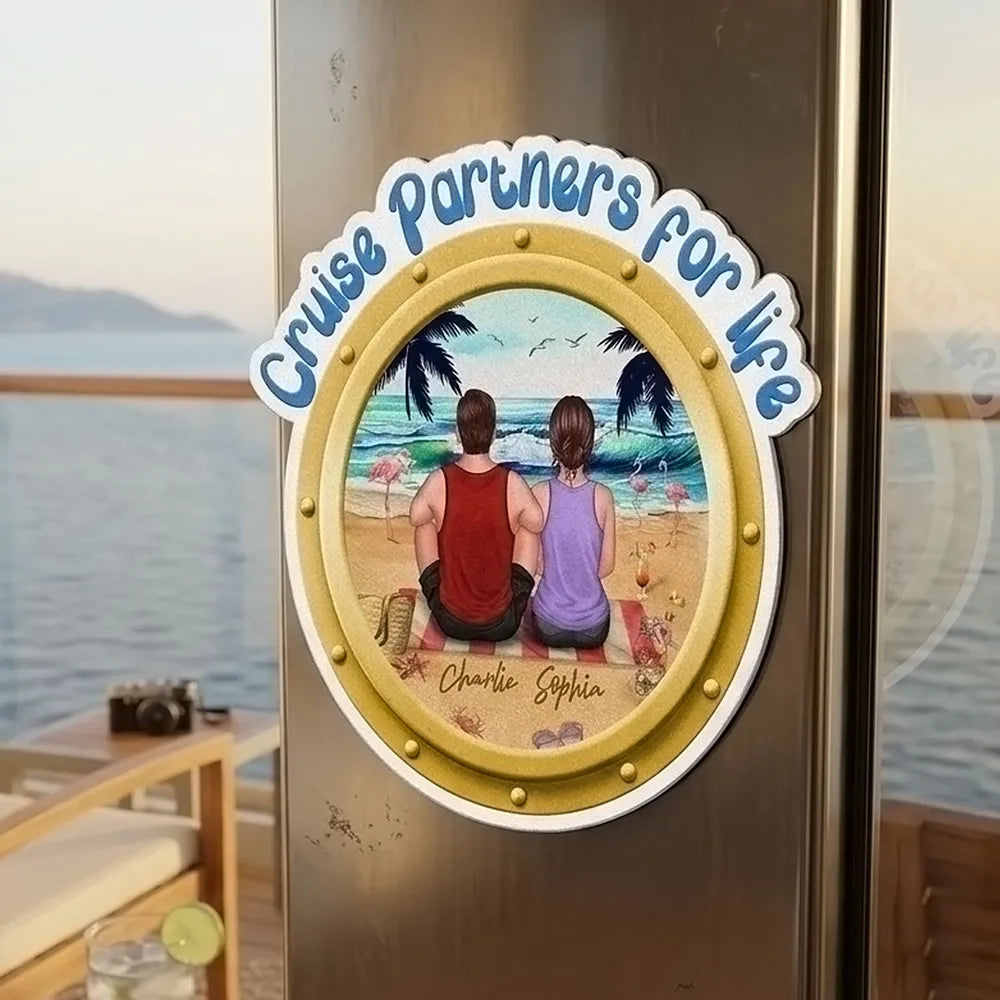 Personalized Cruise Partners for Life Acrylic Magnet, Back View Couple Sitting on a Beach Porthole, Unique Gift for Couples