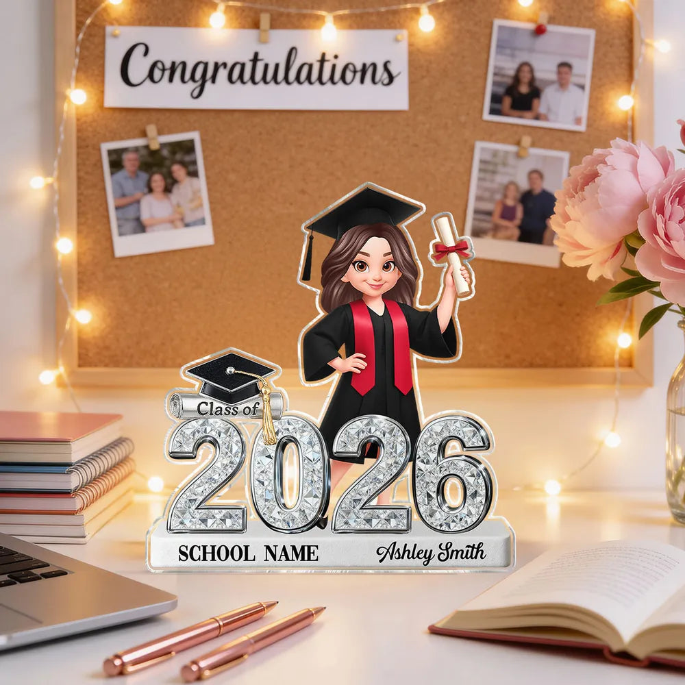 Shaped Acrylic Block Plaque for Graduation Decor, Glitter-Style Class of 2026 Grad Figure, Creative Gift