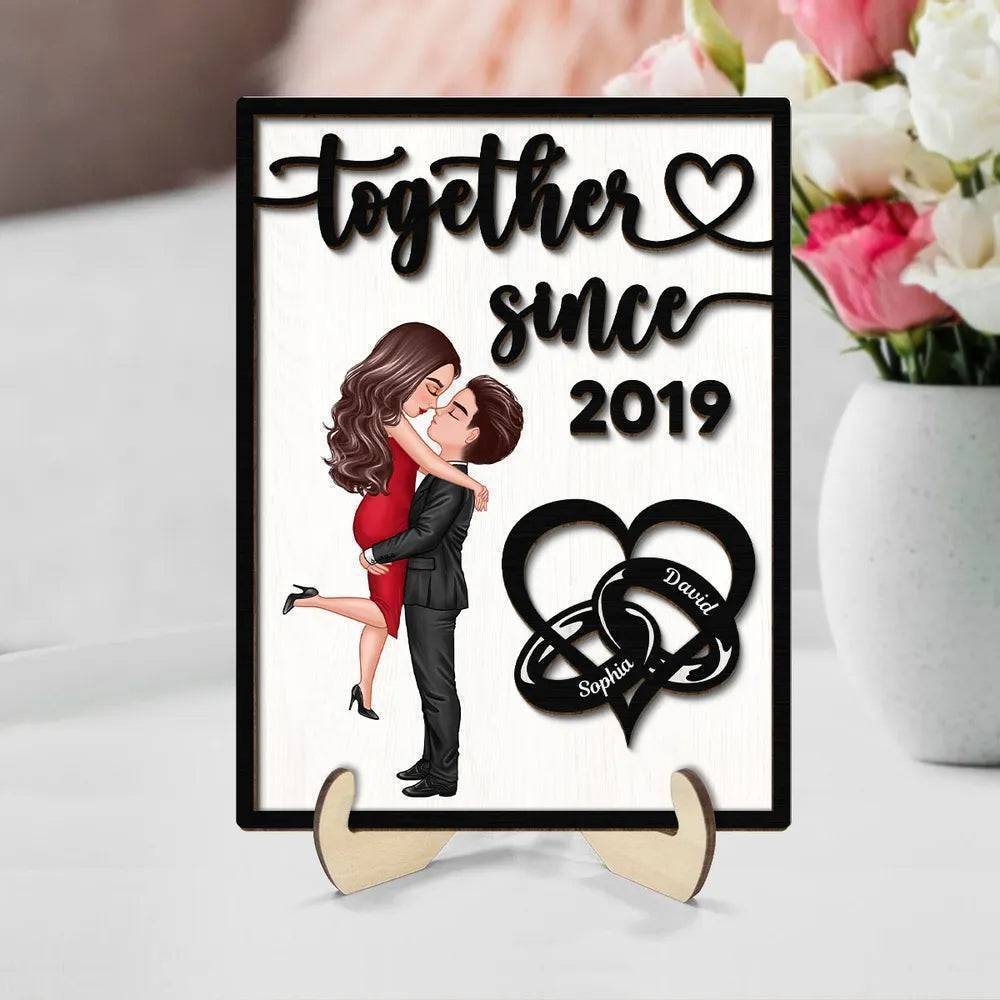 Love Timeline - ‘Together Since’ Couple Rings - Personalized 2-Layer Wooden Plaque for Valentine's & Anniversary