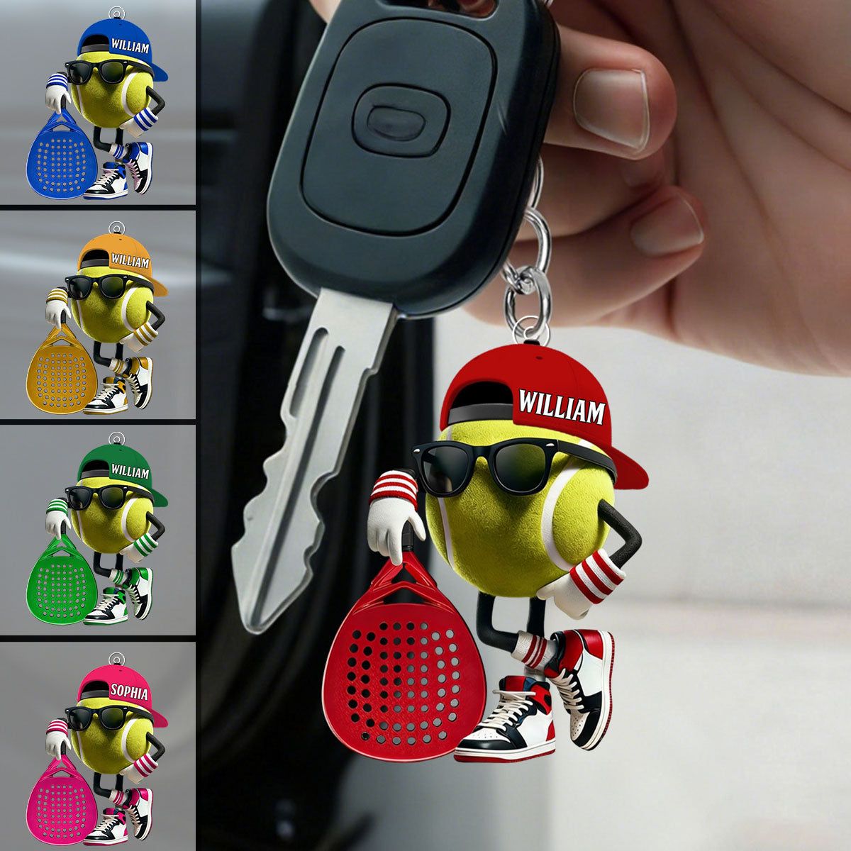 Personalized Padel Acrylic Keychain Cute Tennis Ball Character with Sunglasses and Cap - Unique Gift for Sports Fans