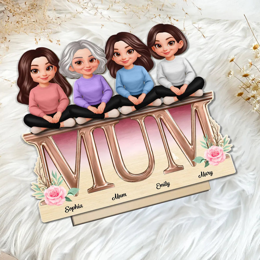 Personalized 2-Layer Wooden Plaque with Mum Letter Design, Custom Family Cartoon Display, Unique Gift for Mom