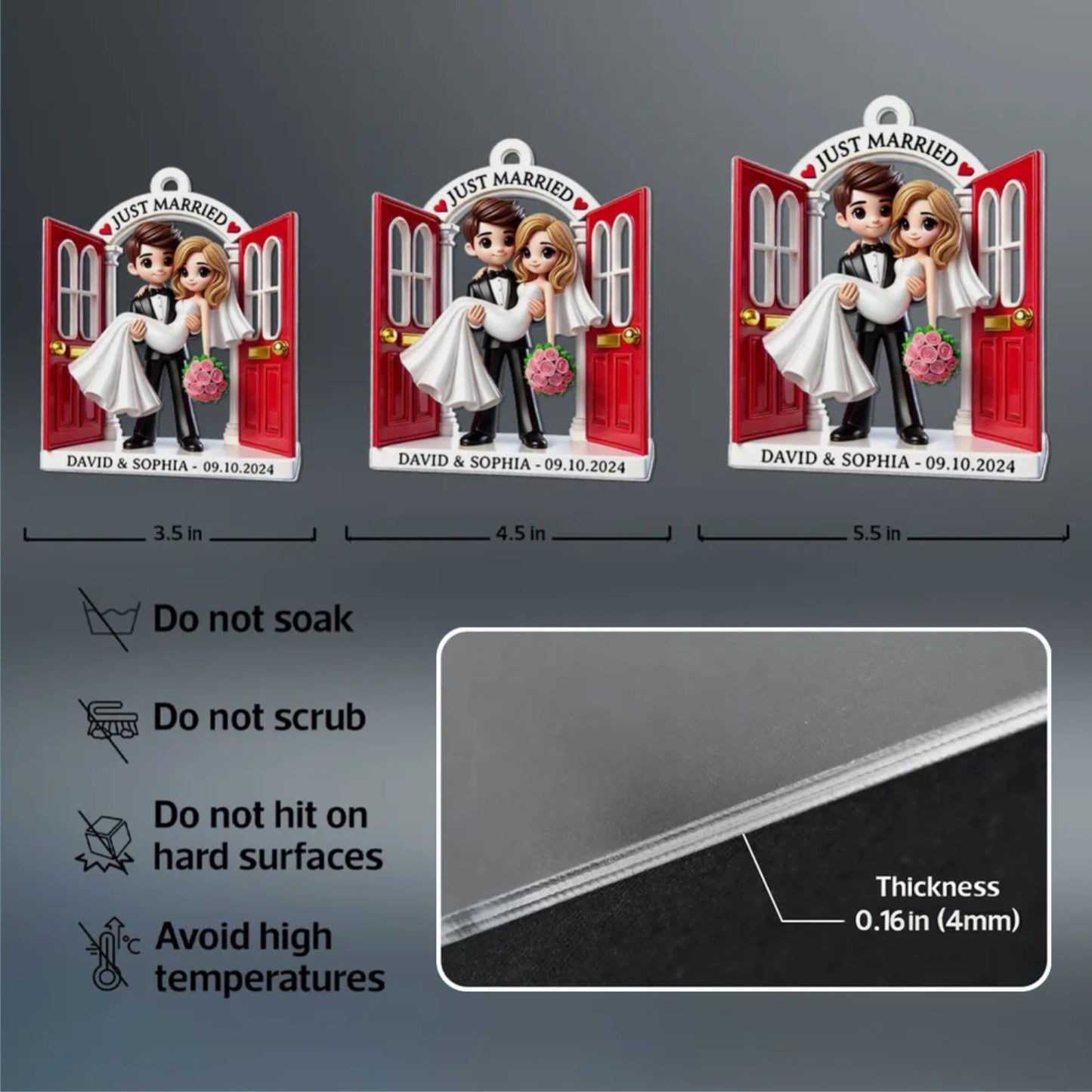 Personalized Acrylic Just Married Couple Ornament | Red Doorway Bride & Groom Carry | Customizable Date & Names