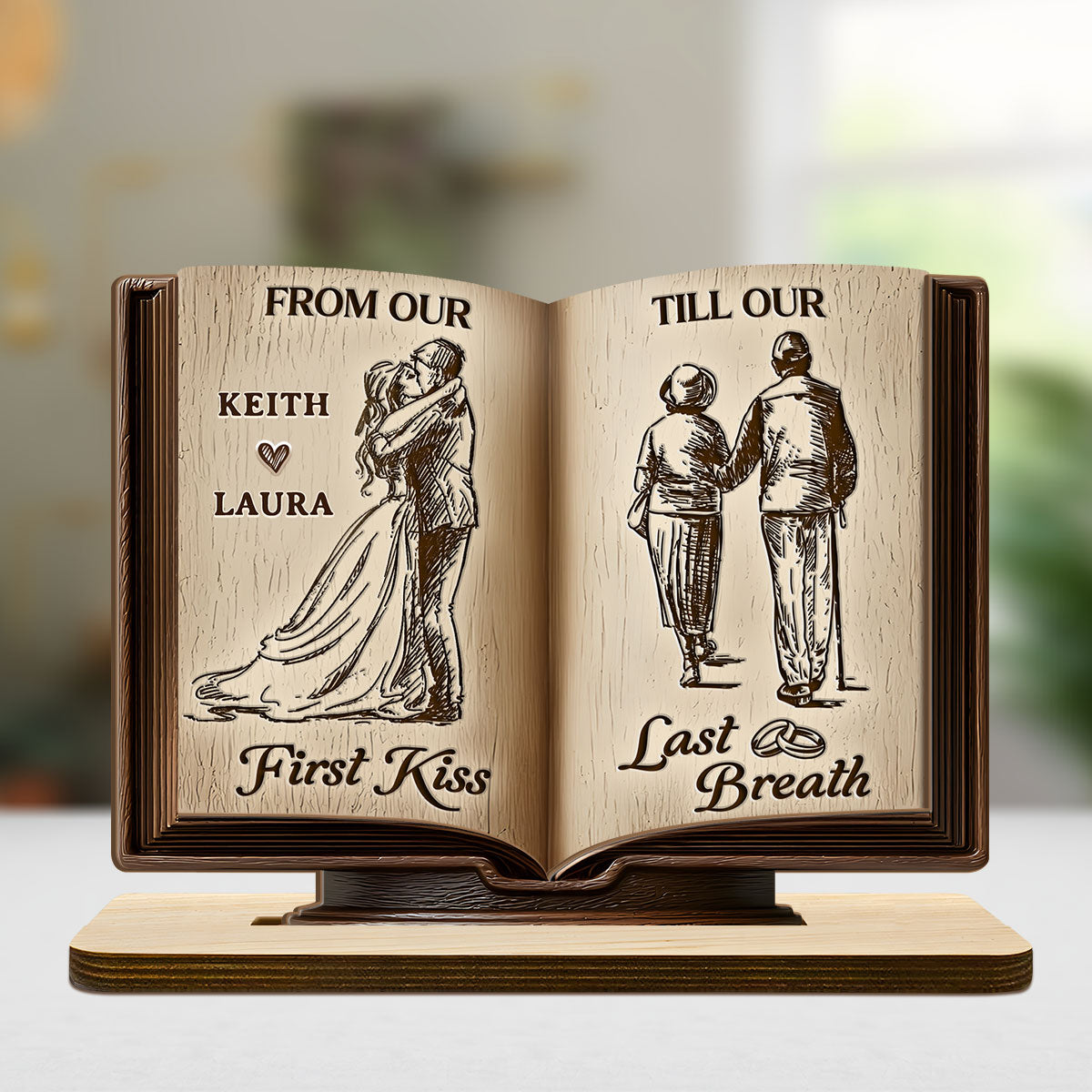 Personalized 2-Layer Wooden Plaque Book for Couples From First Kiss to Last Breath, Romantic Keepsake & Unique Anniversary Gift