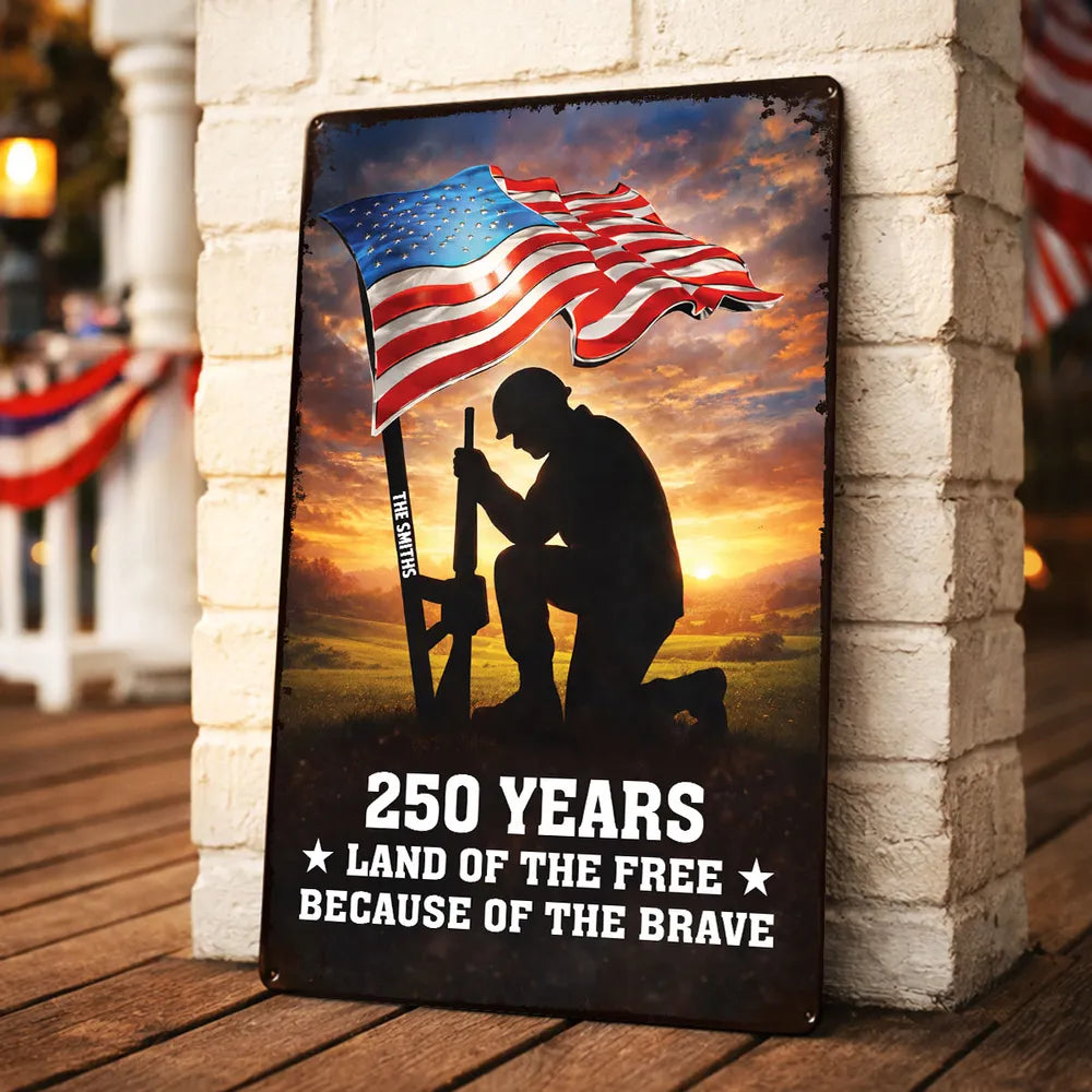 Personalized USA 250th Anniversary Rectangular Iron Sign, Kneeling Soldier Under Flag Porch Decor, Unique Patriotic Gift