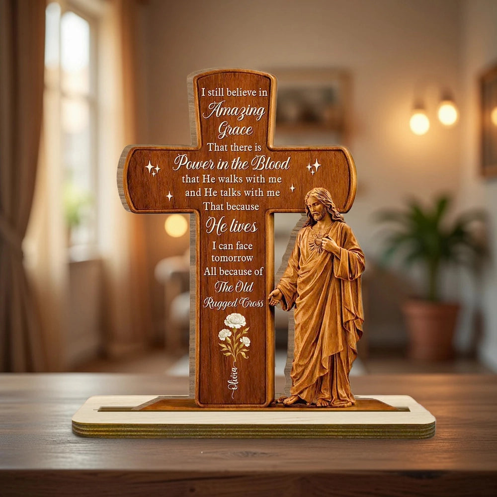 Personalized 2-Layer Wooden Plaque Cross and Jesus Design for Home Display, Amazing Grace Inspired, Unique Faith Gift