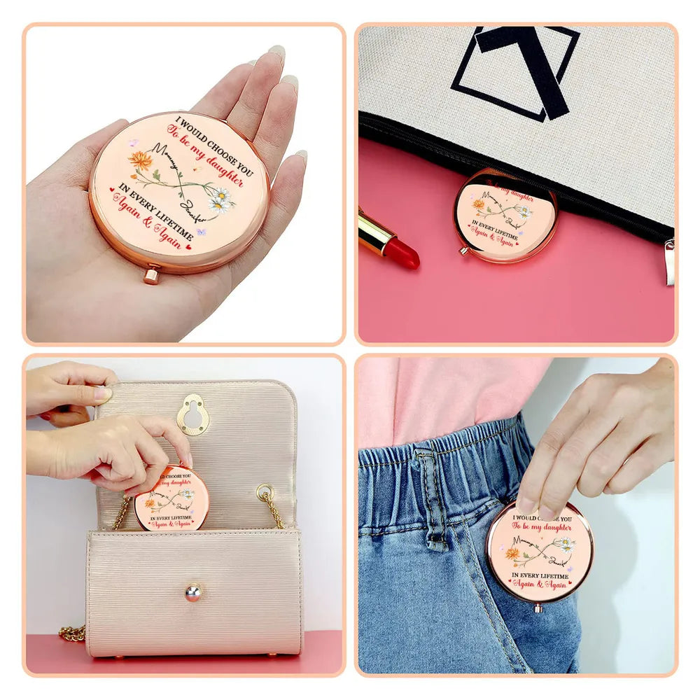 Personalized Metal Compact Mirror with Mother Daughter Quote and Floral Butterflies - Unique Gift for Daughter