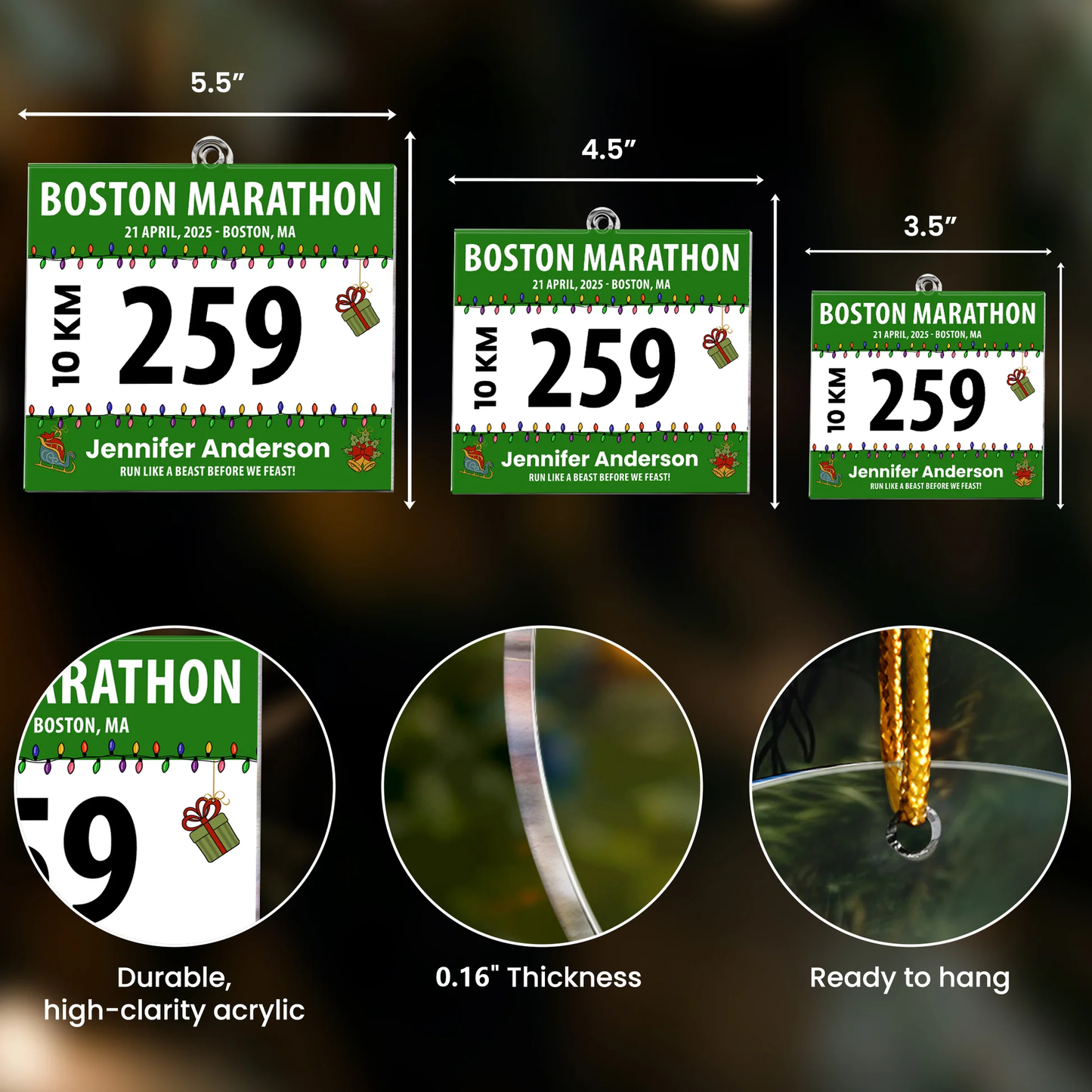 Runner Acrylic Ornament - Marathon Bib Style with Festive Lights, Easy to Hang, Creative Keepsake Gift for Athletes