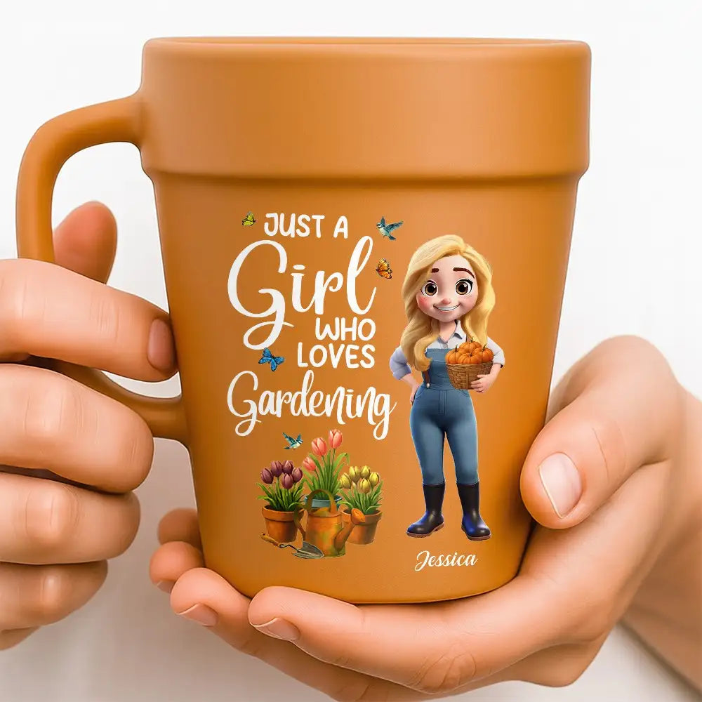 “Just a Girl Who Loves Gardening” Plant Pot Mug with Spoon – Custom Gardener