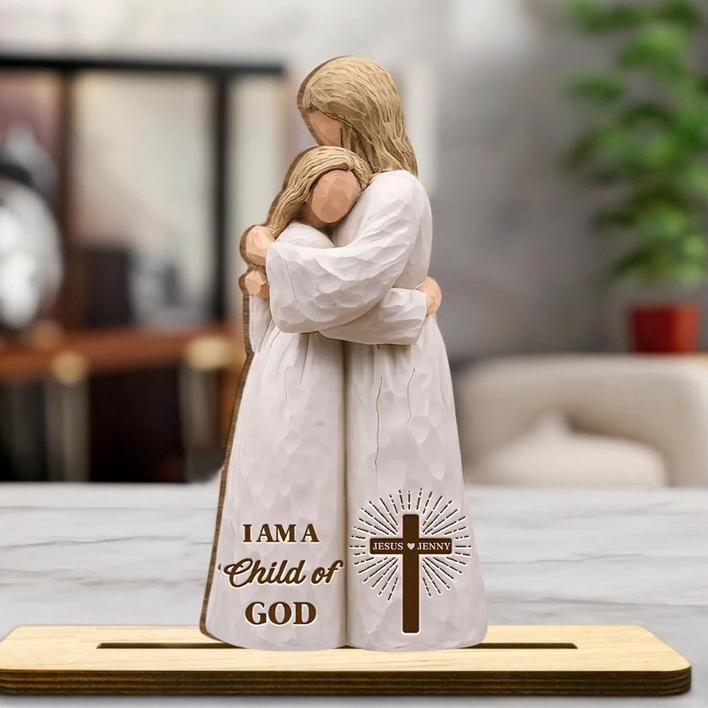 Personalized 2-Layer Wooden Plaque, I Am A Child of God Hugging Figure, Unique Christian Gift for Her, Warm Faith Decor