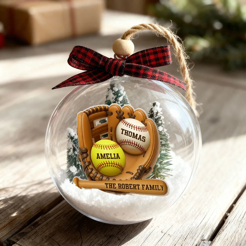 Snow Globe Ornament with Baseball Glove & Softball, Custom Family Keepsake for the Tree, Unique Holiday Gift for Sports Fans