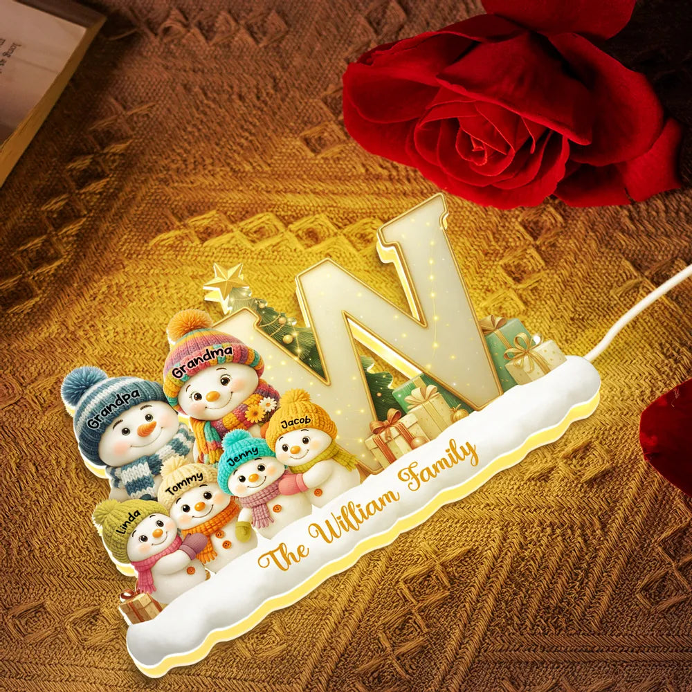 Snowman Family Christmas Acrylic Light Box | Personalized Initial Display, Perfect Gift for Families