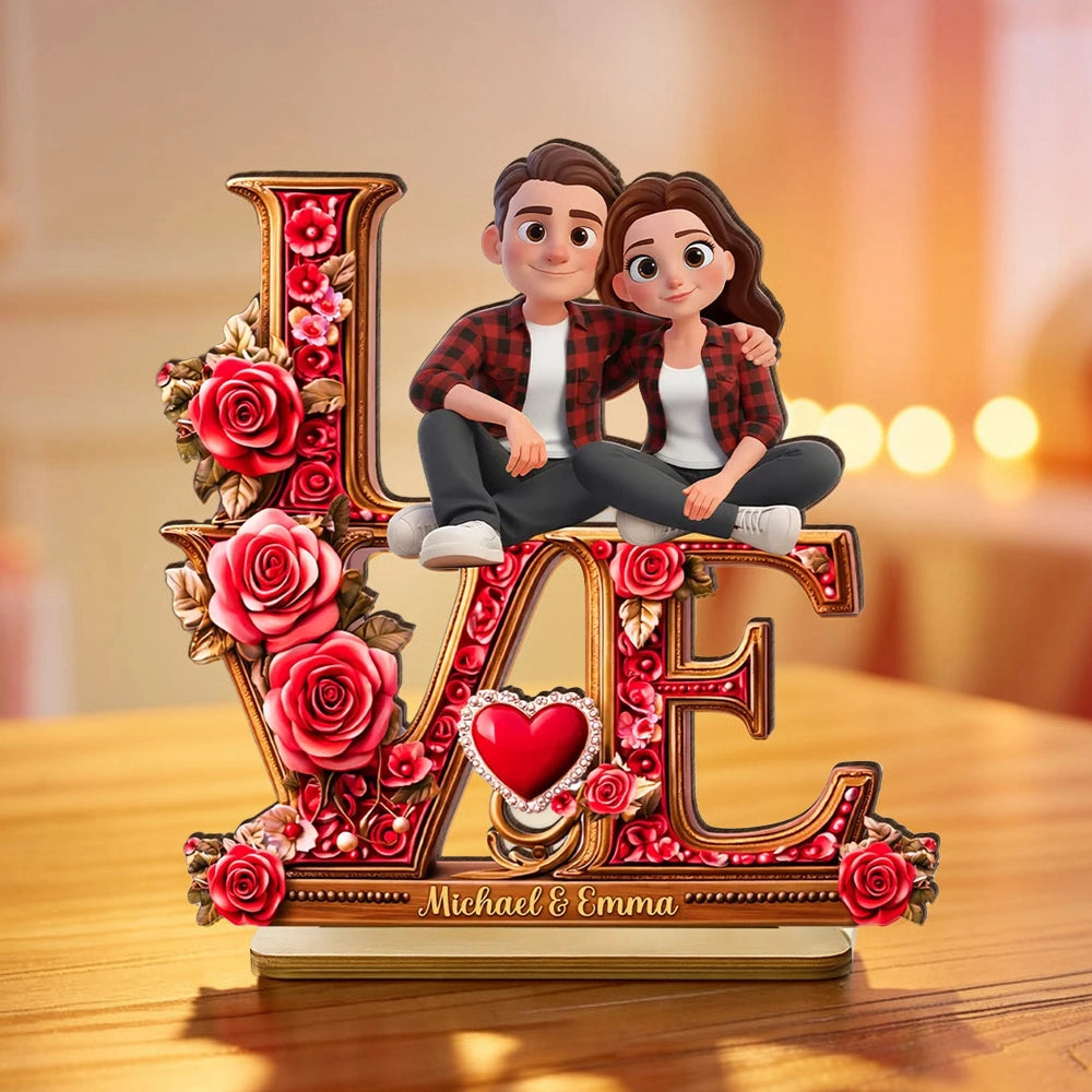Personalized 2-Layer Wooden Plaque with Cartoon Couple Sitting on LOVE Roses - Unique Romantic Gift for Her or Him