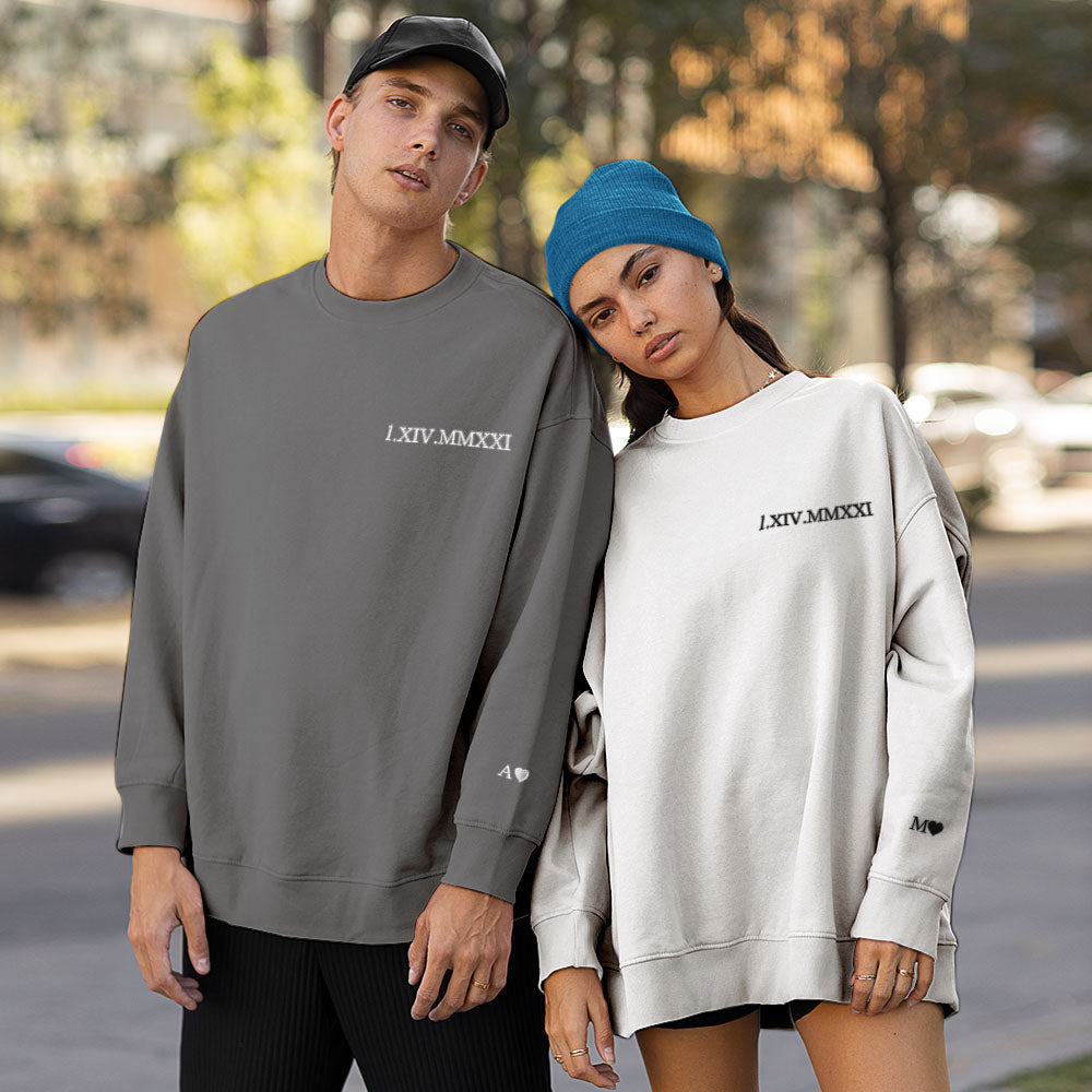 Custom Engraved Embroidery Round Neck Roman Numeral Date - Personalized Couple Sweatshirt