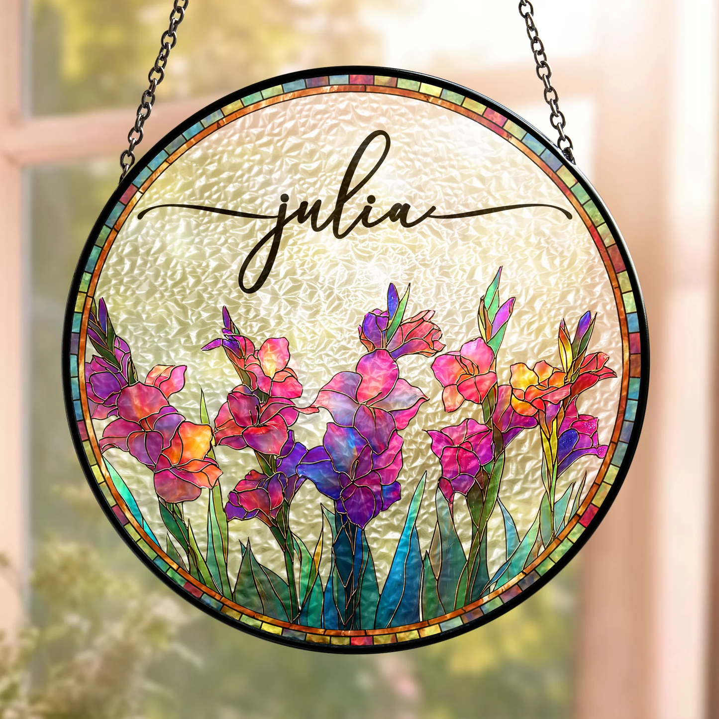 Personalized Birth Flower Glass Suncatcher Ornament for Window Display, Bright Stained Glass Style, Unique Gift for Mom