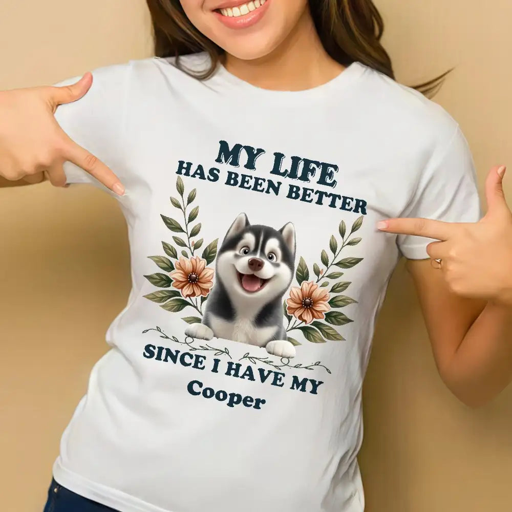 Classic Tee with Dog Illustration and Floral Accents, Comfortable Everyday Wear, Perfect Gift for Pet Lovers