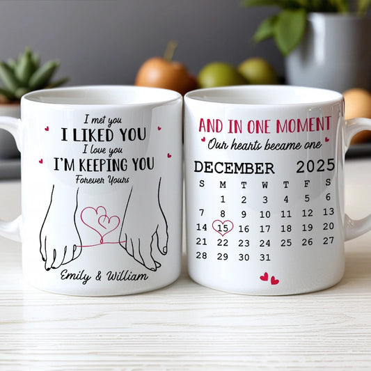 Personalized White Ceramic Mug for Couples with Holding Hands Art, Custom Date, Romantic Keepsake Gift