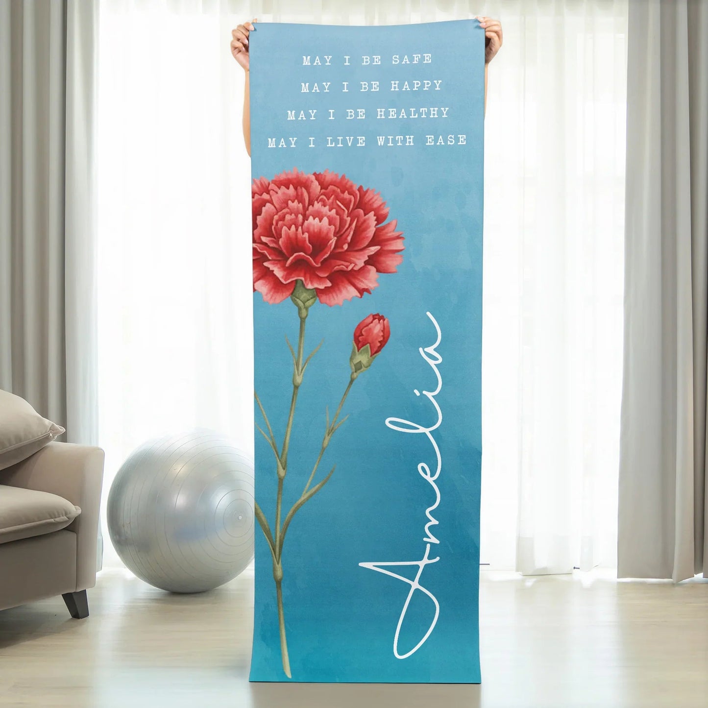 Personalized Birth Flower Yoga Mat With Custom Name, Calm Blue Floral Home Practice, Unique Gift For Yoga Lovers