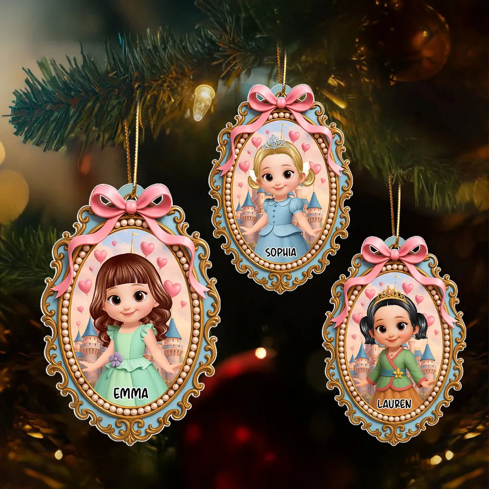 Acrylic Ornament with Princess Portrait and Pink Bow Frame, clear print and elegant detail, perfect gift for Kids or Christmas Décor
