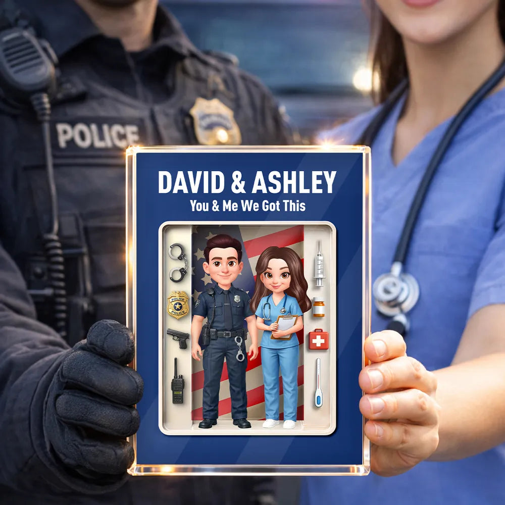 Rectangle Acrylic Block Plaque with Police & Nurse Couple and US Flag, Personalized Keepsake Gift for Him & Her