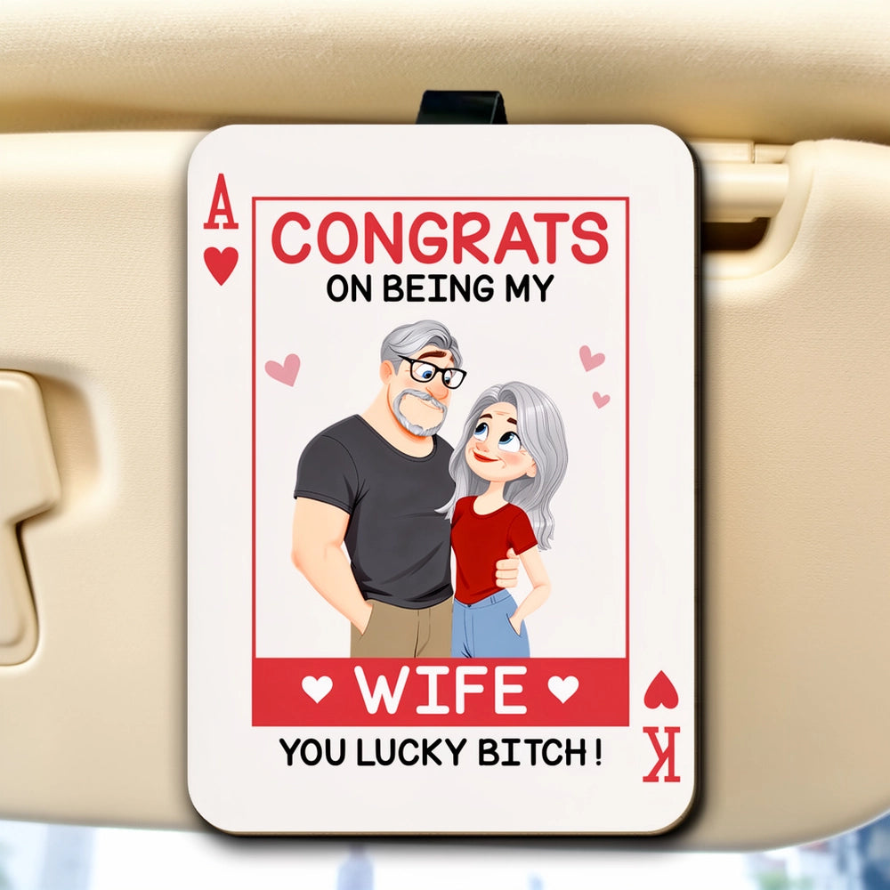 Personalized Wooden Car Visor Clip Funny Couple Illustration Card Style Car Decor, Unique Gift for Wife