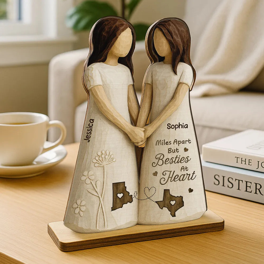 Personalized Wooden Plaque Besties At Heart Long-Distance Friends Holding Hands Rustic Shelf Decor Unique Gift