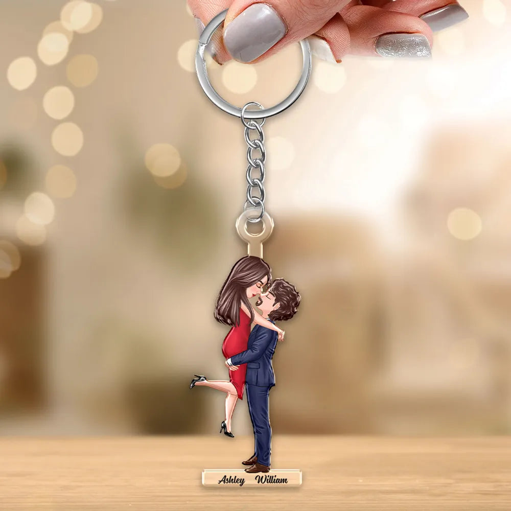 Personalized Acrylic Keychain for Couples, Silver Chain & Ring, Embrace Pose, Everyday Keepsake